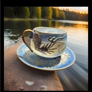 Japanese Lithophane Porcelain Cup & Saucer with Geisha and Dragon Motif